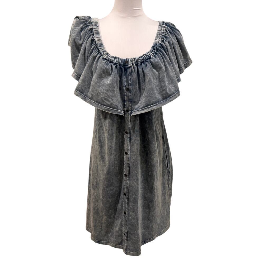 Umgee Mineral Wash Blue Off Shoulder Ruffle Mini Dress Small Boho Western Resort